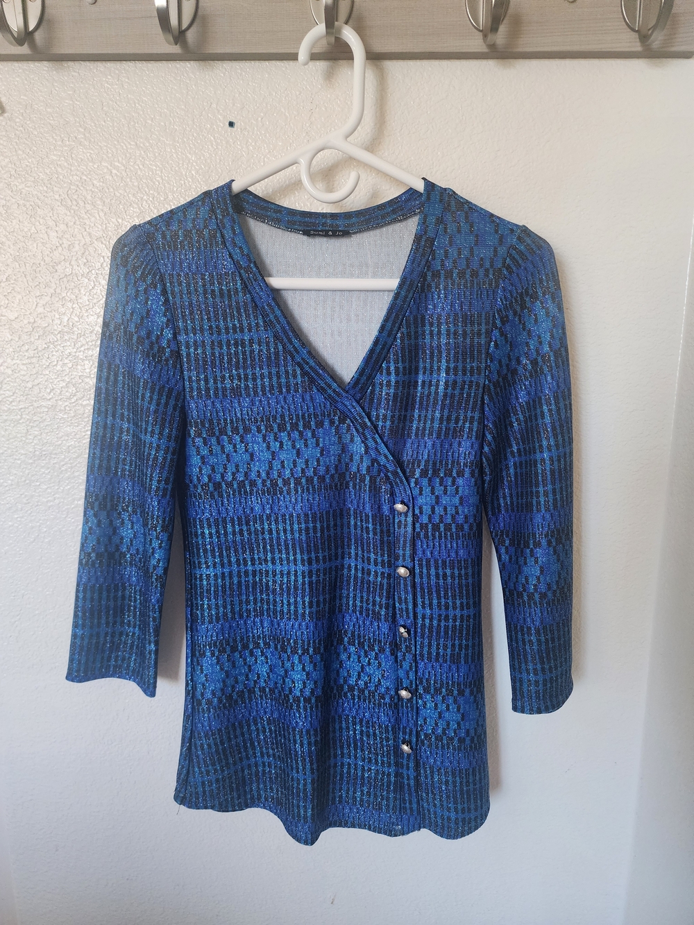 Sami & Jo Blue Metallic Shimmer Wrap Style Top